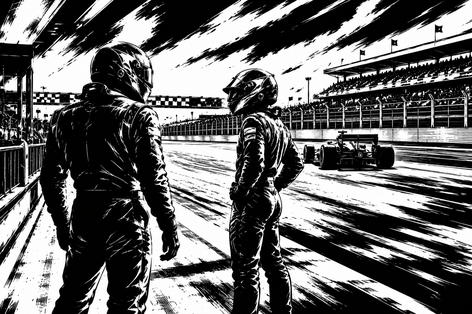 Två förare i mundering på pit lane med en racerbil och publik i bakgrunden